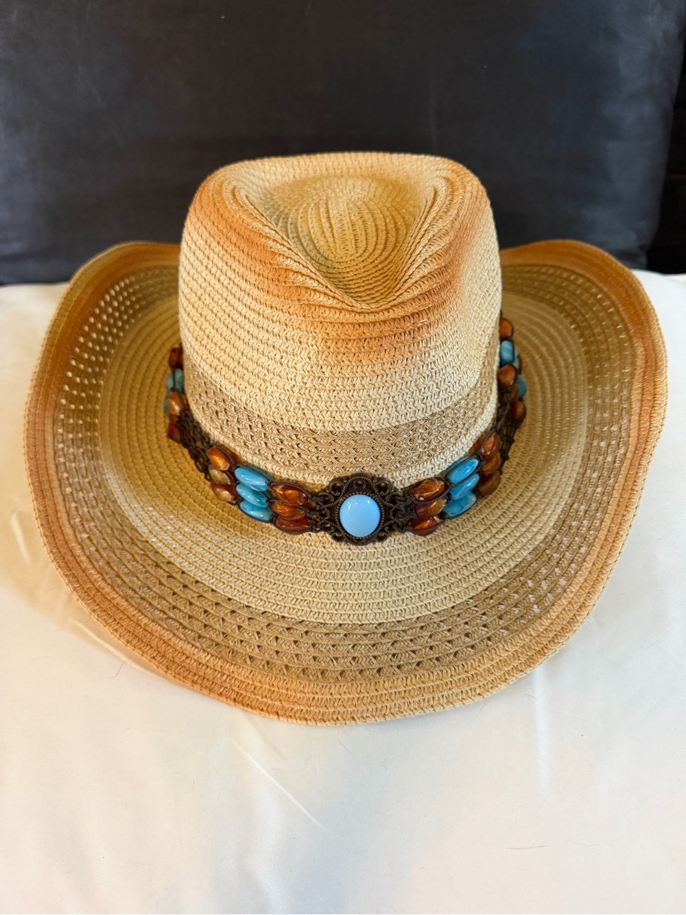 NWOT Western Hat w/Turquoise Amber Colored Bead Band Adjustable Sweatband Sizing - Picture 1 of 3